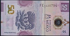 $50 BANKNOTE SERIES FE Victoria R sig. 100 YEARS BANK DE MEXICO polymer note min