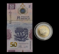 50 PESOS BILL MEXICO  AND 20 PESO COIN FUNDACION DE TENOCHTITLAN BILLETE MONEDA