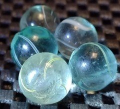 .51"-.49" RARE HTF ANTIQUE GERMAN MARBLES LOT OF 5 CORELESS SWIRLS-BLUE+CLEAR