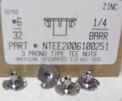 #6-32 T-Nuts 1/4" Barrel 3 Prong Steel Zinc Plated (50)