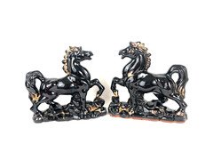 60's Mid Century MCM Black Gold Glazed Ceramic Redware 7.75" Horse Pair