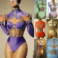 7 Colors Drag Queen Outfit Rhinestones Stretch Bodysuit Sexy Pole Dance Costume