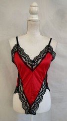 80's Vintage Teddy Romper Red Nylon & Black Lace Super High Cut Leg Sexy Sz S