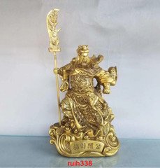 9" Rare China Fengshui copper Bronze Guan Gong Yunchang Yu Warrior Dragon statue