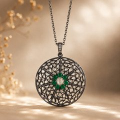 925 Sterling Silver Emerald Polki Pendant Black Rhodium Vintage Floral Pendant