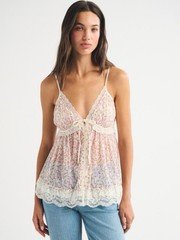 Abercrombie & Fitch Women's L Pink Floral Lace Trim Camisole Bow Adjustable