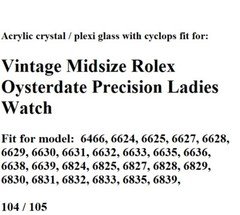 Acrylic Crystal for Vintage 31mm Midsize Rolex Oysterdate Precision Ladies Watch