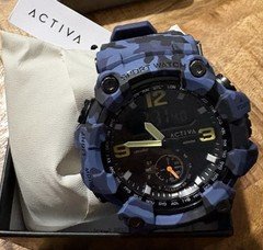 Activa Sport Watch Men's Quartz Analog-Digital World Time Alarm Blue Camo w/ Box