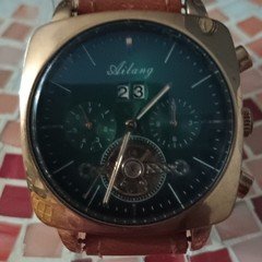 Ailang Men's Square Gold Tone Quartz Watch Black Dial Brown Leather Strap Date