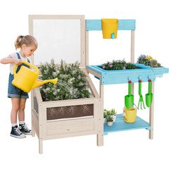 All-Weather Garden Potting Bench Table with Transparent Planter for Elevated Bed