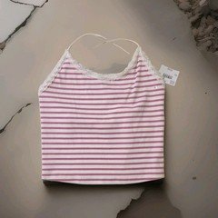 American Eagle Pink/White Striped Cotton Lace Strap Stretch Camisole Top L