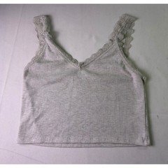 American Eagle Tank Top Womens Medium Grey Ribbed Lace Trim Cropped Cami Y2K 90s