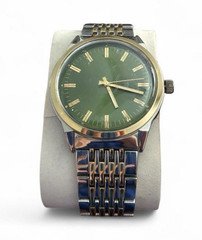 Analog Dress Watch Green Dial Stick Index Two-Tone Metal Bracelet Gold Bezel