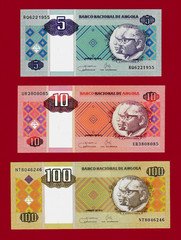 ANGOLA 2011 UNC NOTES 5 Kwanzas (P-144), 10 Kwanzas (P-145c) & 100 Kwanzas P-147