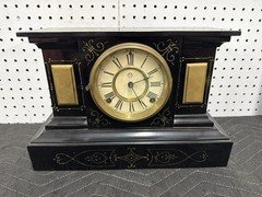 Ansonia Black Mantel Clock Enameled Iron Case Roman Numeral Dial Patent 1882