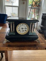 Antique 1800’s WATERBURY MANTLE Clock & Key Black With Green Accents