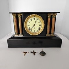 Antique ANSONIA New Yourk 1882 Mantel Clock Glossy Black Iron, Ceramic, Pillars