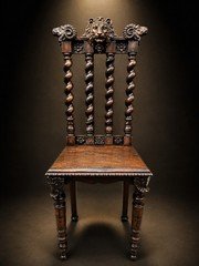 Antique Carved Oak Hall Chair Lion Head Carved Barley Twist Gothic Side Chair