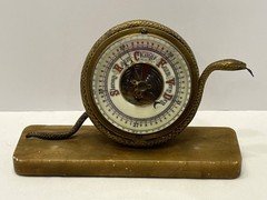 ANTIQUE DESK BAROMETER WITH FIGURAL BRASS SNAKE SITTING ON A STONE BASE