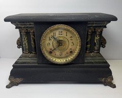Antique E. Ingraham ADRIAN Mantle Clock Green Marble Double Pillars Fixer Upper