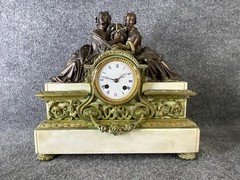 Antique French Napoleon III Gilt Bronze White Marble Mantelpiece Clock