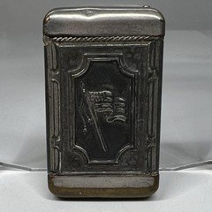 Antique Metal Vesta Case Match Safe Hunting Dog & Flag Pocket Match Holder