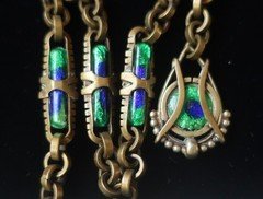 Antique PEACOCK EYE ART GLASS Pocket Watch Chain & Fob Jugendstil Art Nouveau
