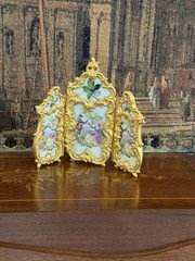 Antique Rococo Enamel & gilt bronze three-panel miniature folding screen.