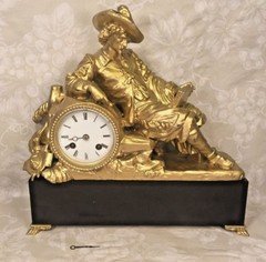Antique Spelter Cavalier Figural Mantel Clock Running? No Pendulum Re-Gilted Fig