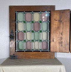 Antique Stained Glass Panel Oak Door and Hinged Shutter 5 Available