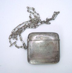 ANTIQUE STERLING SILVER VESTA CASE MATCH SAFE WITH CHAIN BIRMINGHAM CS&FS 1919