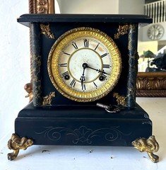 Antique Waterbury Black Cast Iron Mantel Clock Victorian Gothic Lion Paw Feet