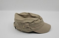 Army Flat Cap 100% Cotton Adjustable Velco Strap Green Beige Hat W/ Side Pocket