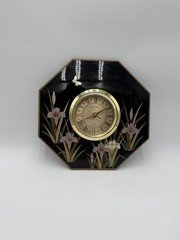 Art Deco Miyabi Quartz Clock Japan Black Lacquer Iris Floral MCM Rare - See Desc