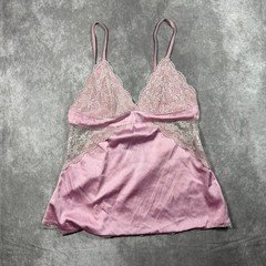 Avidlove Pink Satin Lace Trim Camisole Open Back Lingerie Top Womens M Coquette
