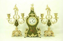Beautiful Cartel Clock with 2 Candlesticks around 1860 Hand Painting Magnifiers Painting 