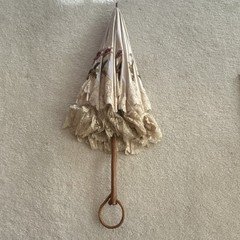 Beige Lace Bridal Parasol Umbrella, Embroidered Floral Design, Wood Handle