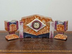 Belgian Art Deco ceramic clock garniture set by Wasmuël with matching vases
