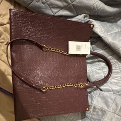 Betsy Johnson Burgundy Croc Embossed Tote Bag Gold Chain Strap Double Handles