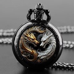 Black Dragon Pocket Watch Full Hunter Quartz With Chain Vintage Style