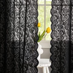 Black Lace Curtains 2 Panels 52x84 Gothic Sheer Boho Doorway Living Room