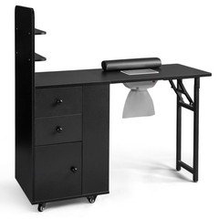 Black MDF Folding Nail Tech Desk with 2 Drawers Storage Shelf Cabinet Door for