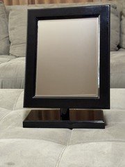 Black Rectangular Vanity Makeup Mirror, Glossy Wood Frame, Adjustable Tilt