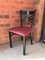 Black "X" Back Metal Restaurant Chair With Burgundy Vinyl Seat