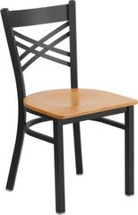 Black ''X'' Back Metal Restaurant Chair with Natural Wood Seat