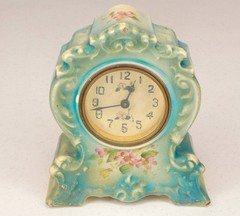 blue aqua antique porcelain mantel clock early 1900 (Not working) "ROSE"