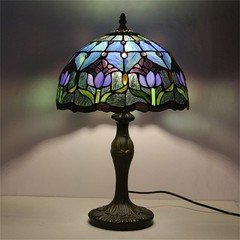 Blue Tulip Style Tiffany Table Lamp Stained Glass Desk Light for Home Decor 18"