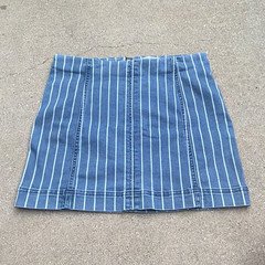 Blue & White Striped Denim A-Line Mini Skirt High Rise 25 Zip Pockets