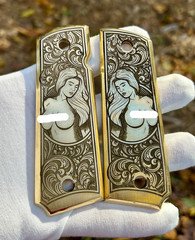 Brass Engraved 1911 Full Size Grips - Pinup Girl Design - Made in USA