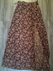 Brown Pink Floral Maxi Skirt Long, High Slit, Pull On, Women's Regular Size S